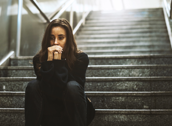 Sad Woman Adult Woman Sitting Look Worried on The Stairway